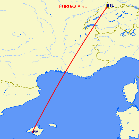 перелет Базель-Мюлуз — Пальма де Майорка на карте