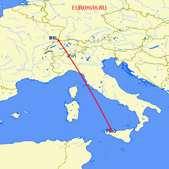 перелет Базель-Мюлуз — Палермо на карте