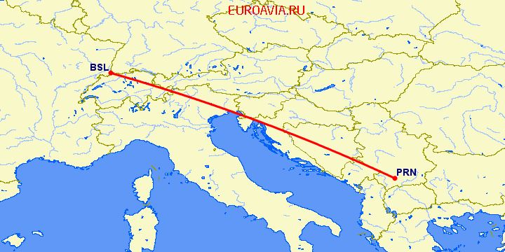 перелет Базель-Мюлуз — Приштина на карте