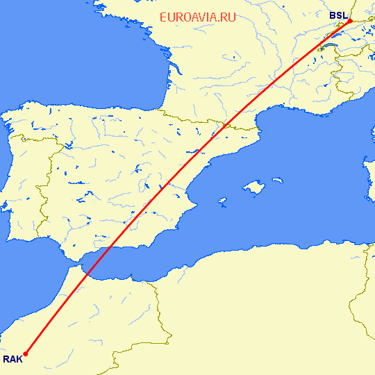 перелет Базель-Мюлуз — Марракеш на карте