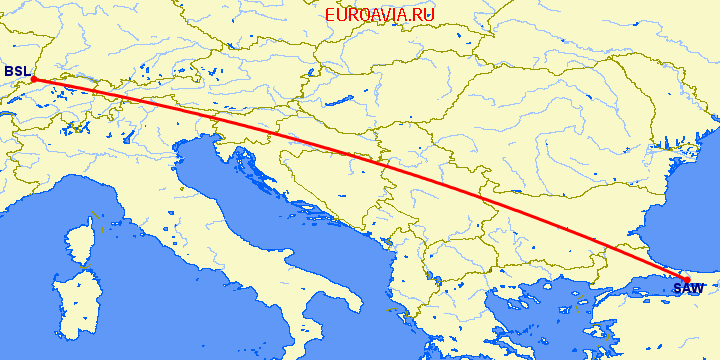 перелет Базель-Мюлуз — Стамбул на карте
