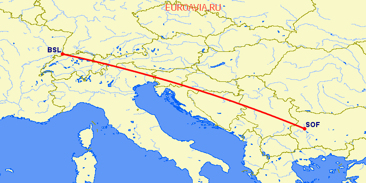 перелет Базель-Мюлуз — София на карте