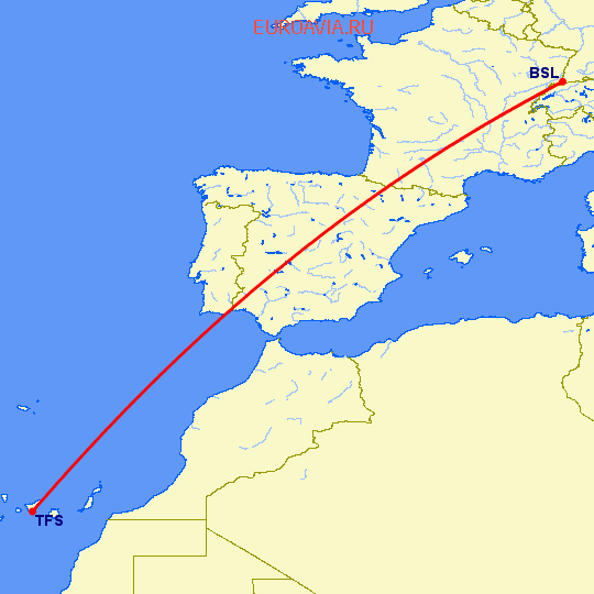 перелет Базель-Мюлуз — Тенерифе на карте
