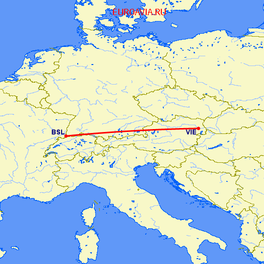 перелет Базель-Мюлуз — Вена на карте