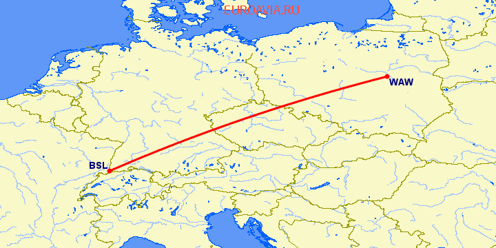 перелет Базель-Мюлуз — Варшава на карте