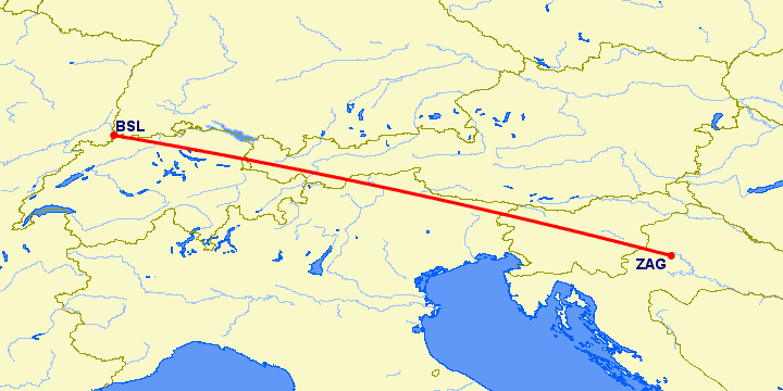 перелет Базель-Мюлуз — Загреб на карте