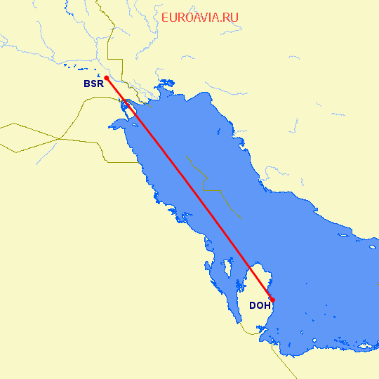 перелет Basra — Доха на карте