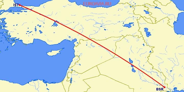 перелет Basra — Стамбул на карте