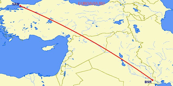 перелет Basra — Стамбул на карте