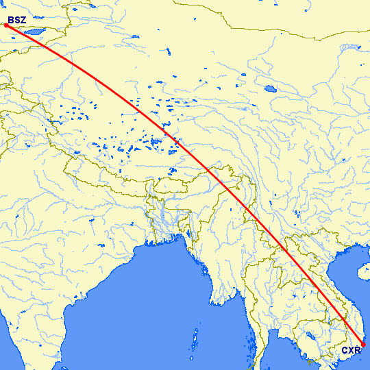 перелет Бишкек — Камрань на карте