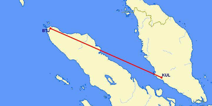 перелет Банда Асе — Куала Лумпур на карте