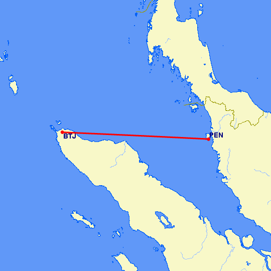 перелет Банда Асе — Пенанг на карте