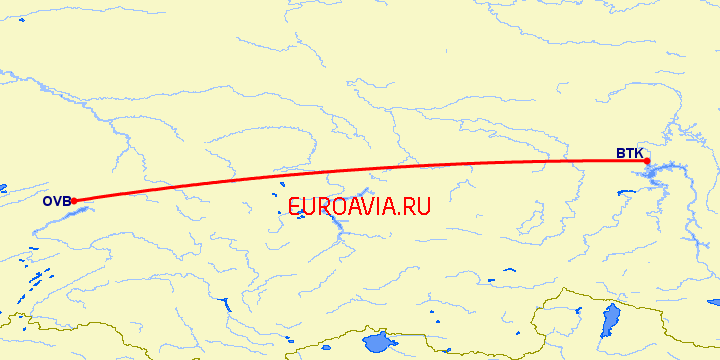 перелет Братск — Новосибирск на карте