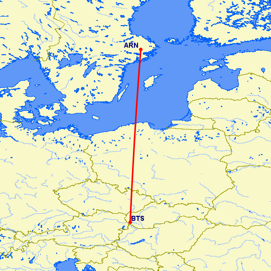 перелет Братислава — Стокгольм на карте