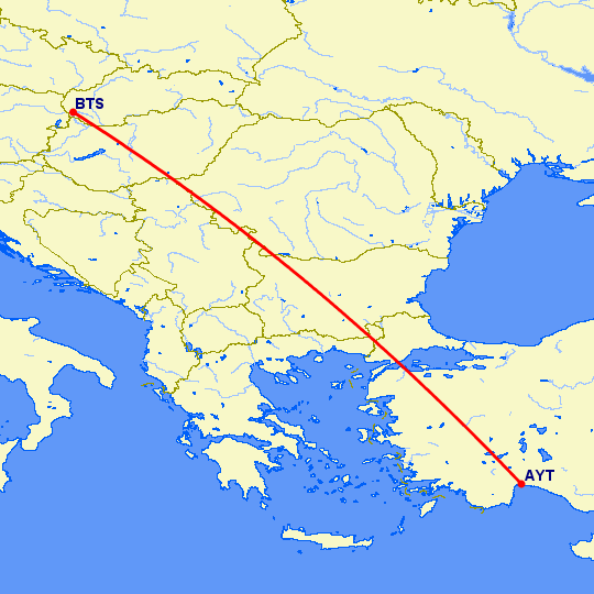 перелет Братислава — Анталия на карте