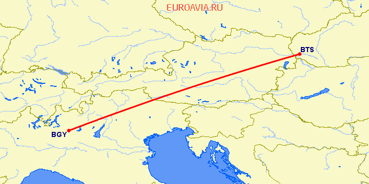 перелет Братислава — Бергамо на карте