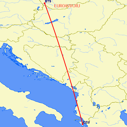 перелет Братислава — Керкира на карте