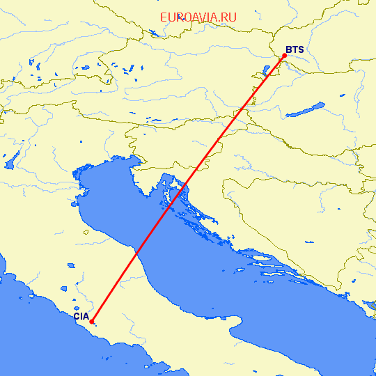 перелет Братислава — Рим на карте