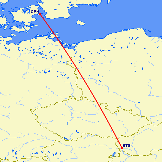 перелет Братислава — Копенгаген на карте