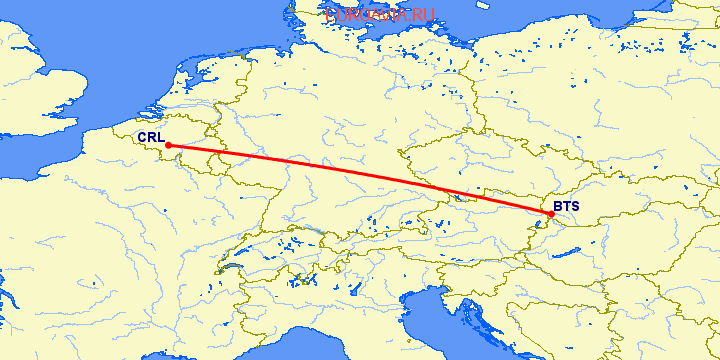 перелет Братислава — Шарлеруа на карте