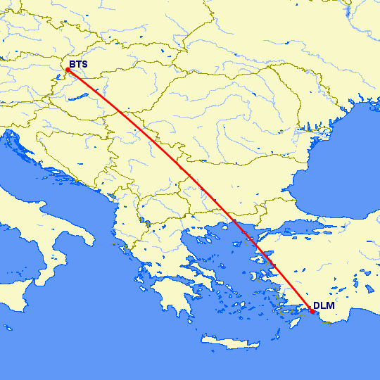 перелет Братислава — Даламан на карте