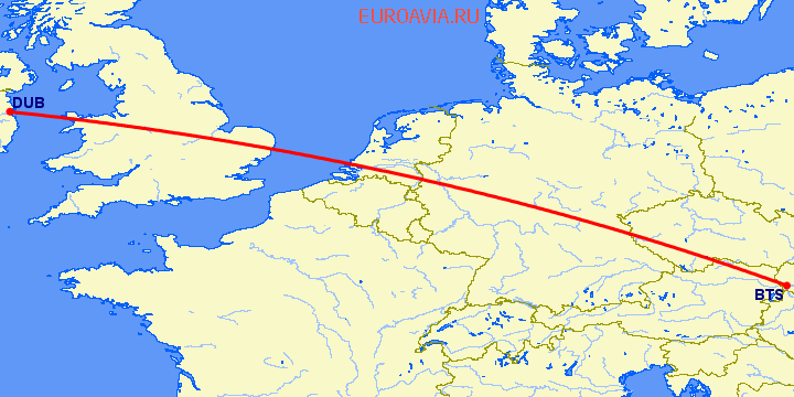 перелет Братислава — Дублин на карте