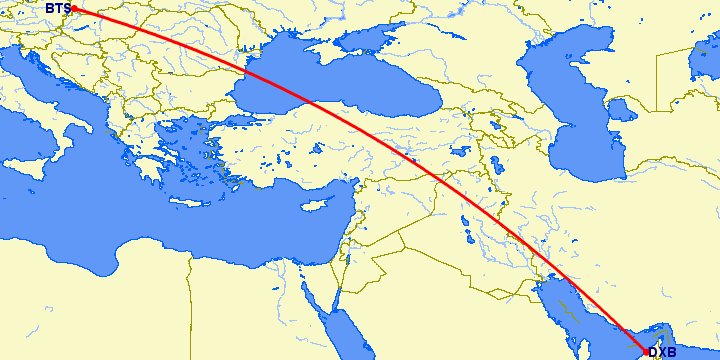 перелет Братислава — Дубай на карте