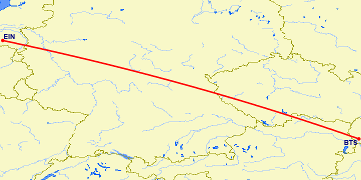 перелет Братислава — Эйндховен на карте