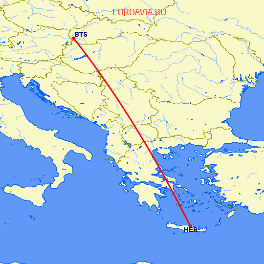перелет Братислава — Ираклион на карте