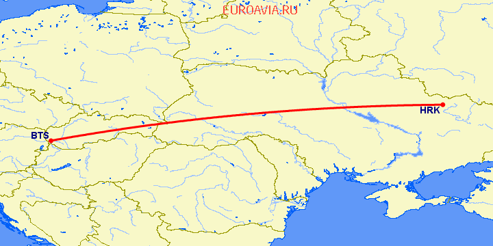 перелет Братислава — Харьков на карте