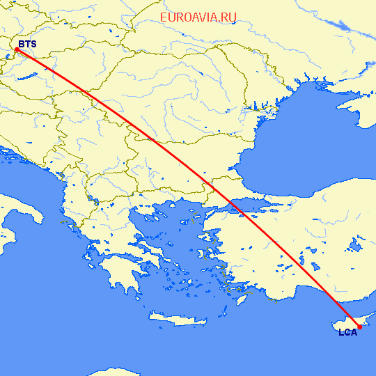 перелет Братислава — Ларнака на карте