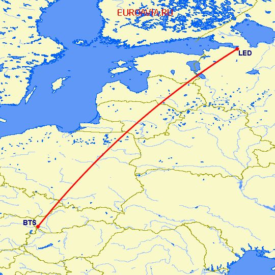 перелет Братислава — Санкт Петербург на карте