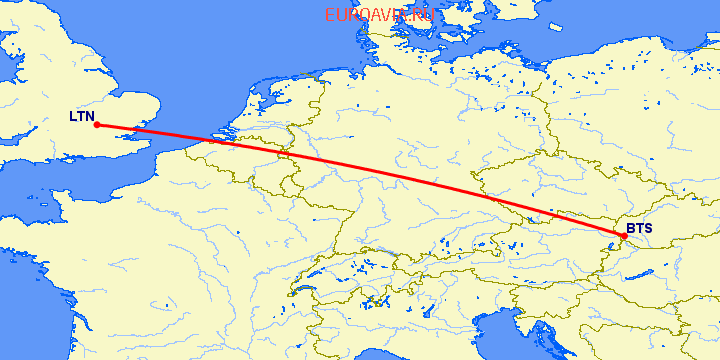 перелет Братислава — Luton на карте