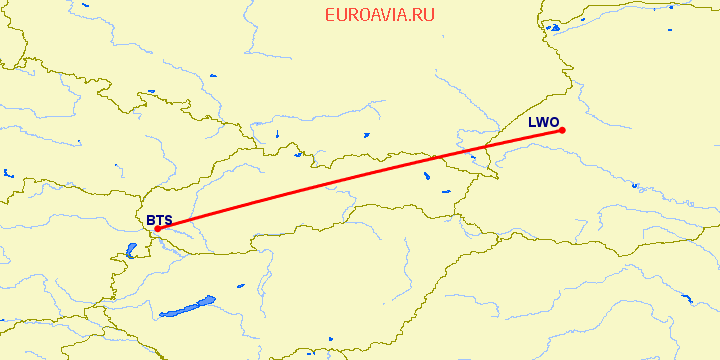 перелет Братислава — Львов на карте