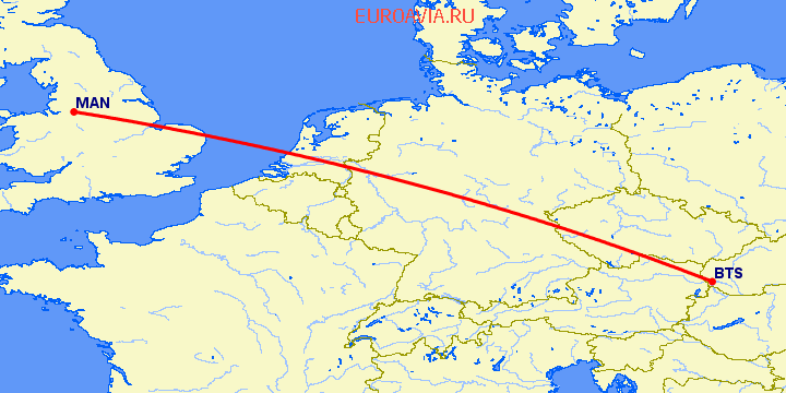 перелет Братислава — Манчестер на карте