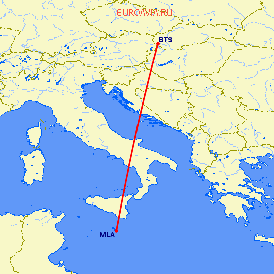 перелет Братислава — Мальта на карте