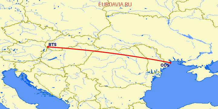 перелет Братислава — Одесса на карте