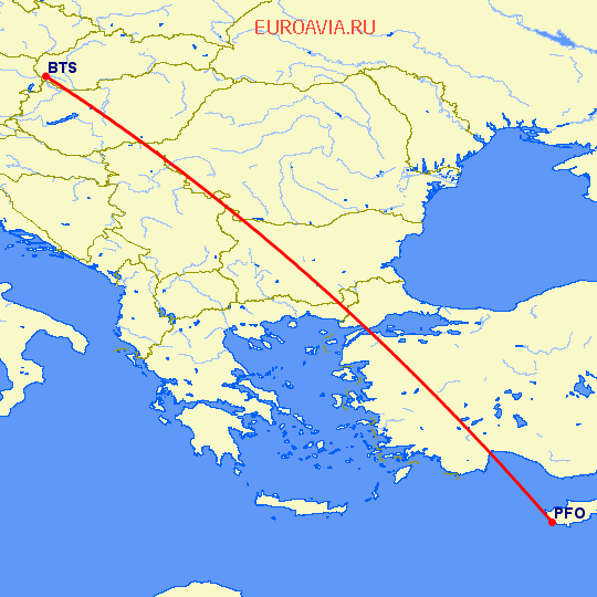 перелет Братислава — Пафос на карте