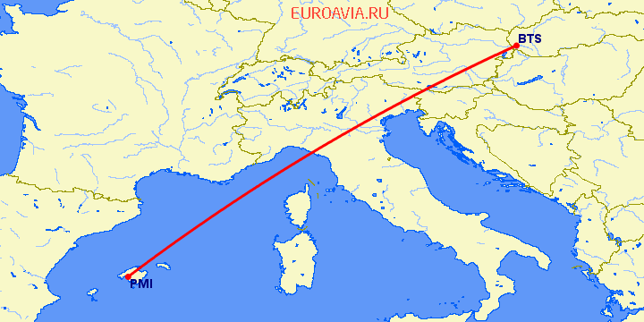 перелет Братислава — Пальма де Майорка на карте