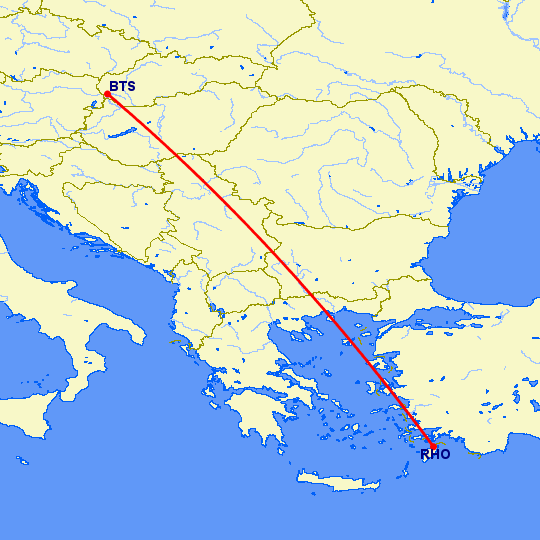 перелет Братислава — Родос на карте