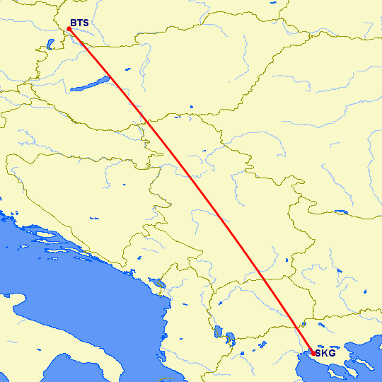 перелет Братислава — Салоники на карте