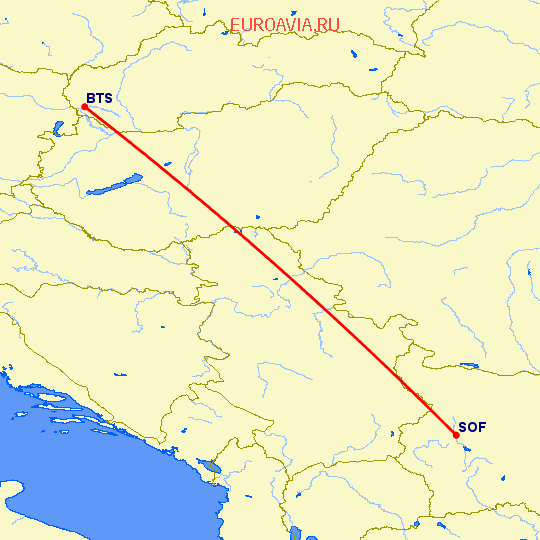 перелет Братислава — София на карте