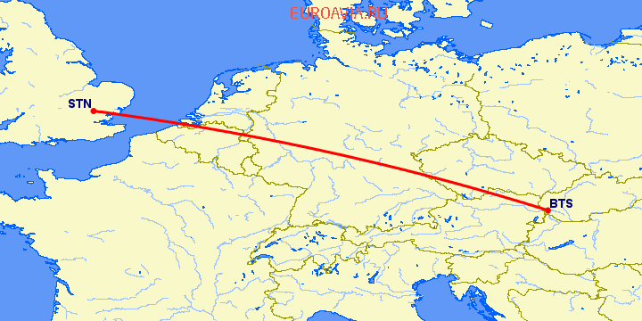 перелет Братислава — Лондон на карте