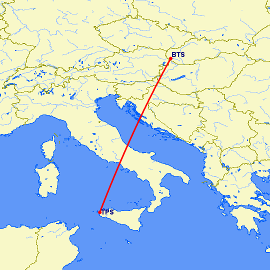 перелет Братислава — Тапини на карте