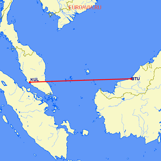 перелет Бинтулу — Куала Лумпур на карте