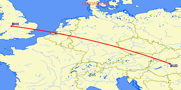 перелет Будапешт — Бирмингем на карте