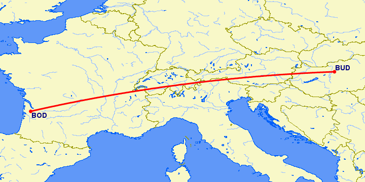 перелет Будапешт — Бордо на карте