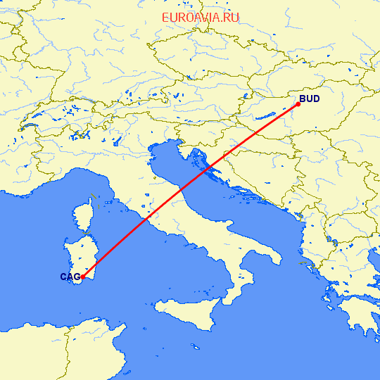 перелет Будапешт — Кальяри на карте