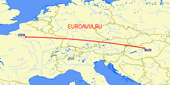 перелет Будапешт — Париж на карте
