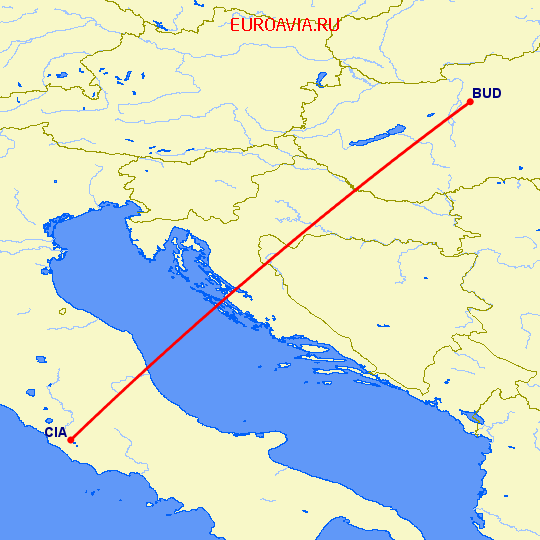 перелет Будапешт — Рим на карте
